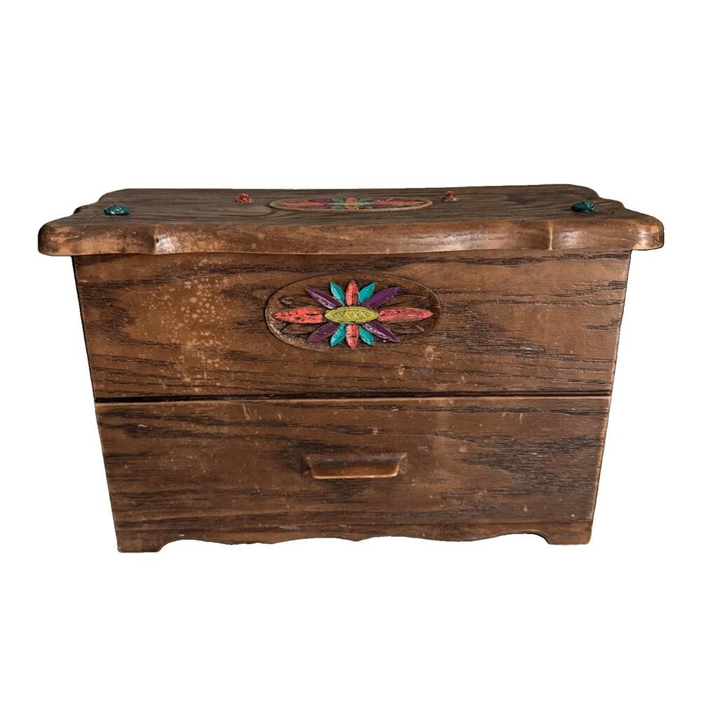 Vintage Lerner Wood Grain Plastic Sewing Trinket Box w/ Drawer Storage Collect